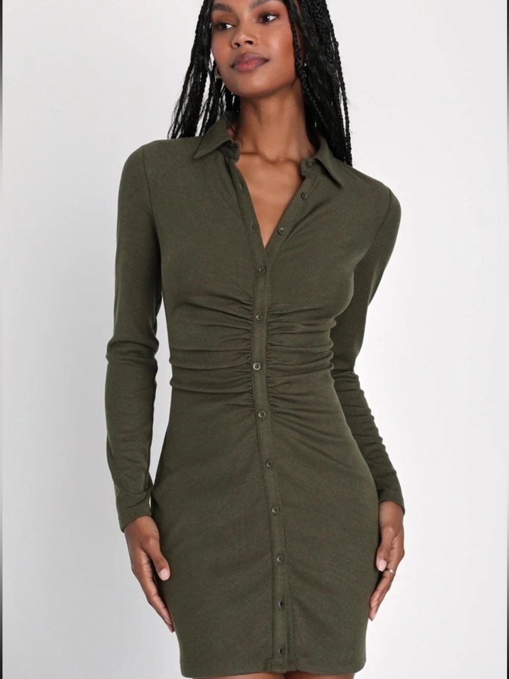 Lulu's Olive Long-Sleeve Ruched Button-Front Dress